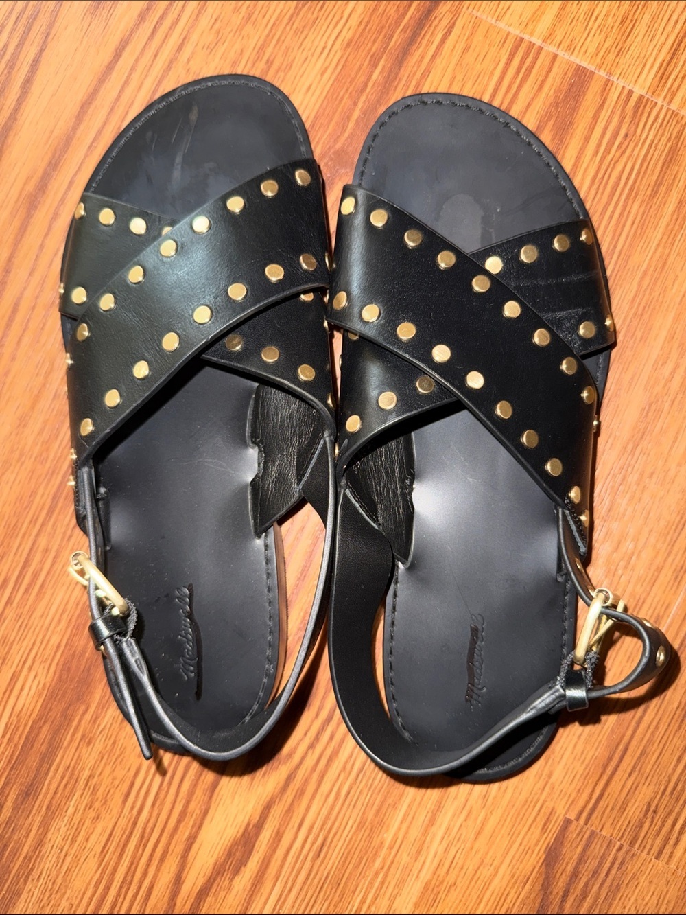 Madewell Black Leather Cross-Strap Sandals with Gold Studs